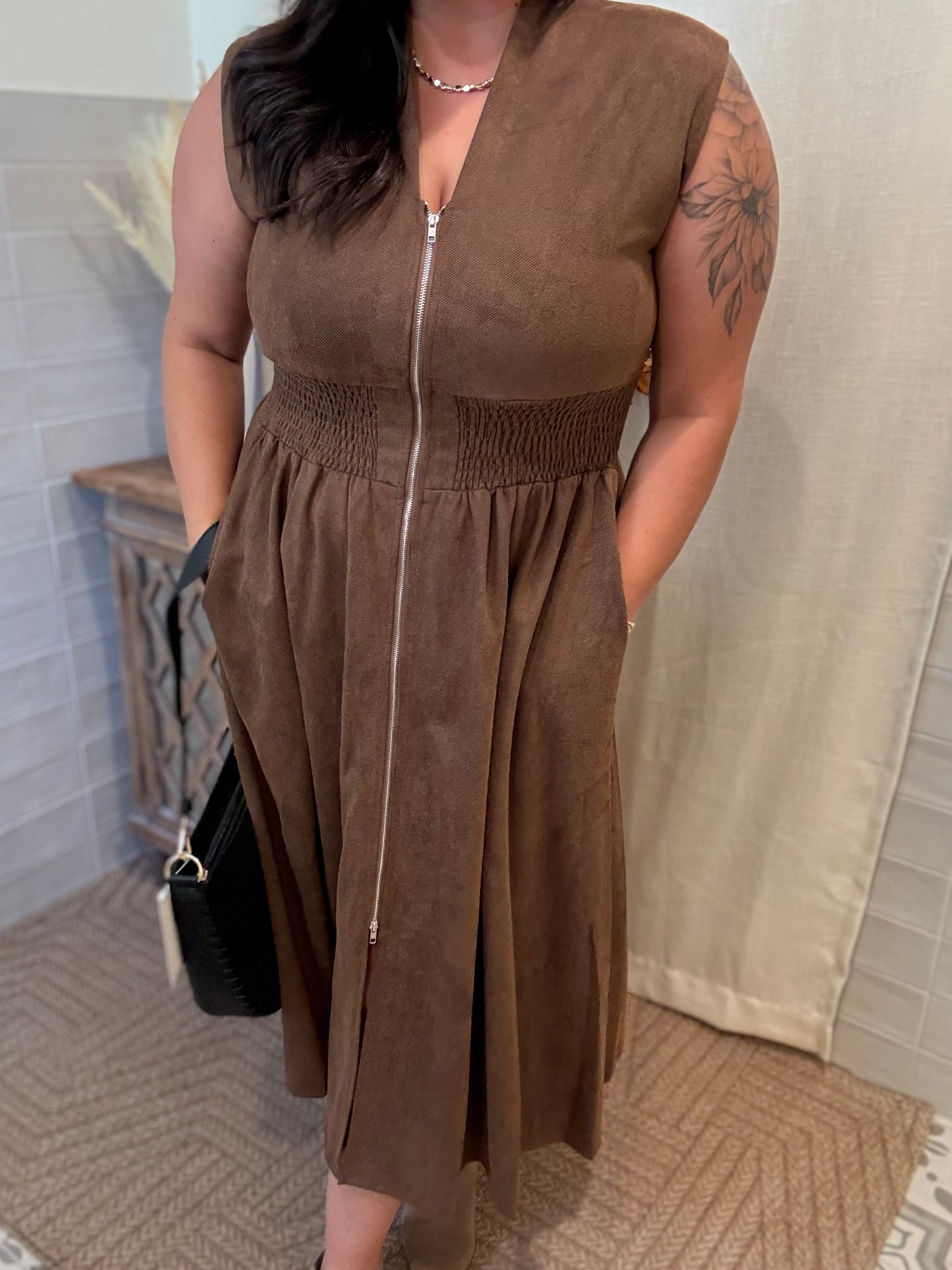 Chocolate Suede Zip Dress