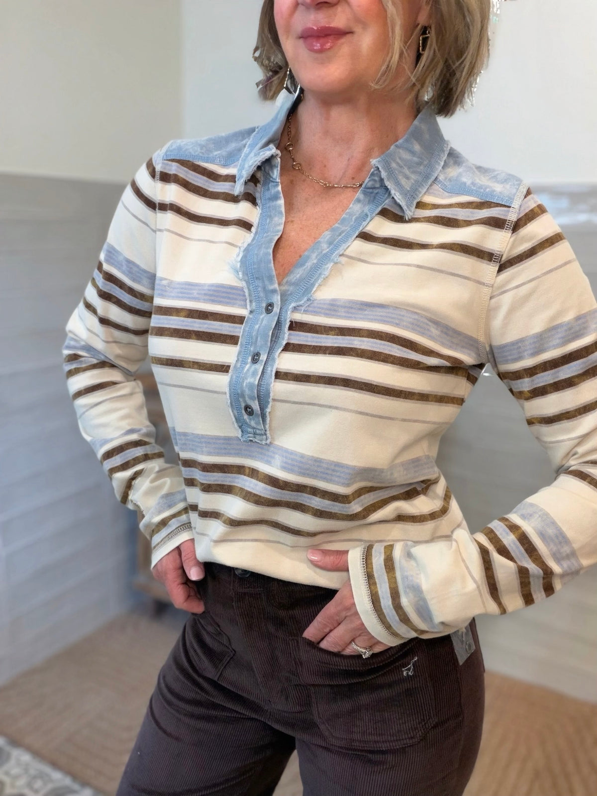 Ivory and Denim Henley Top