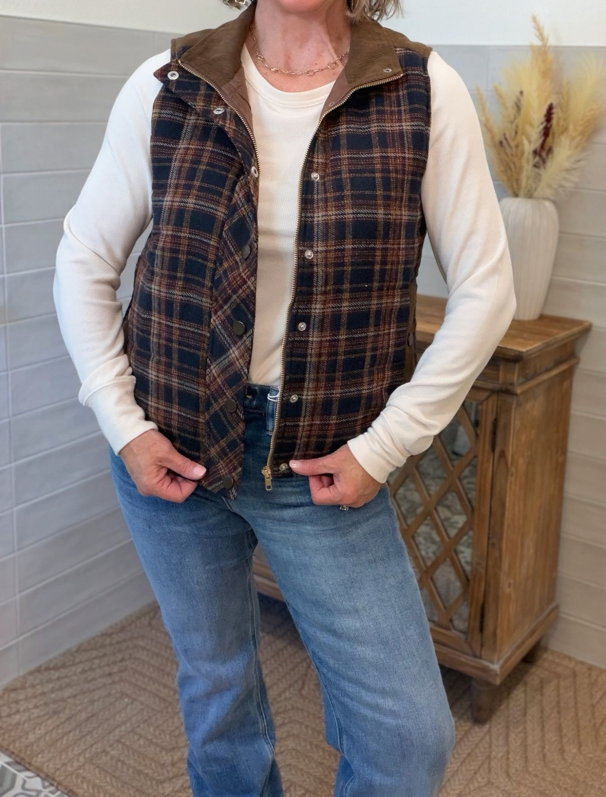 Navy Plaid Puffer Vest