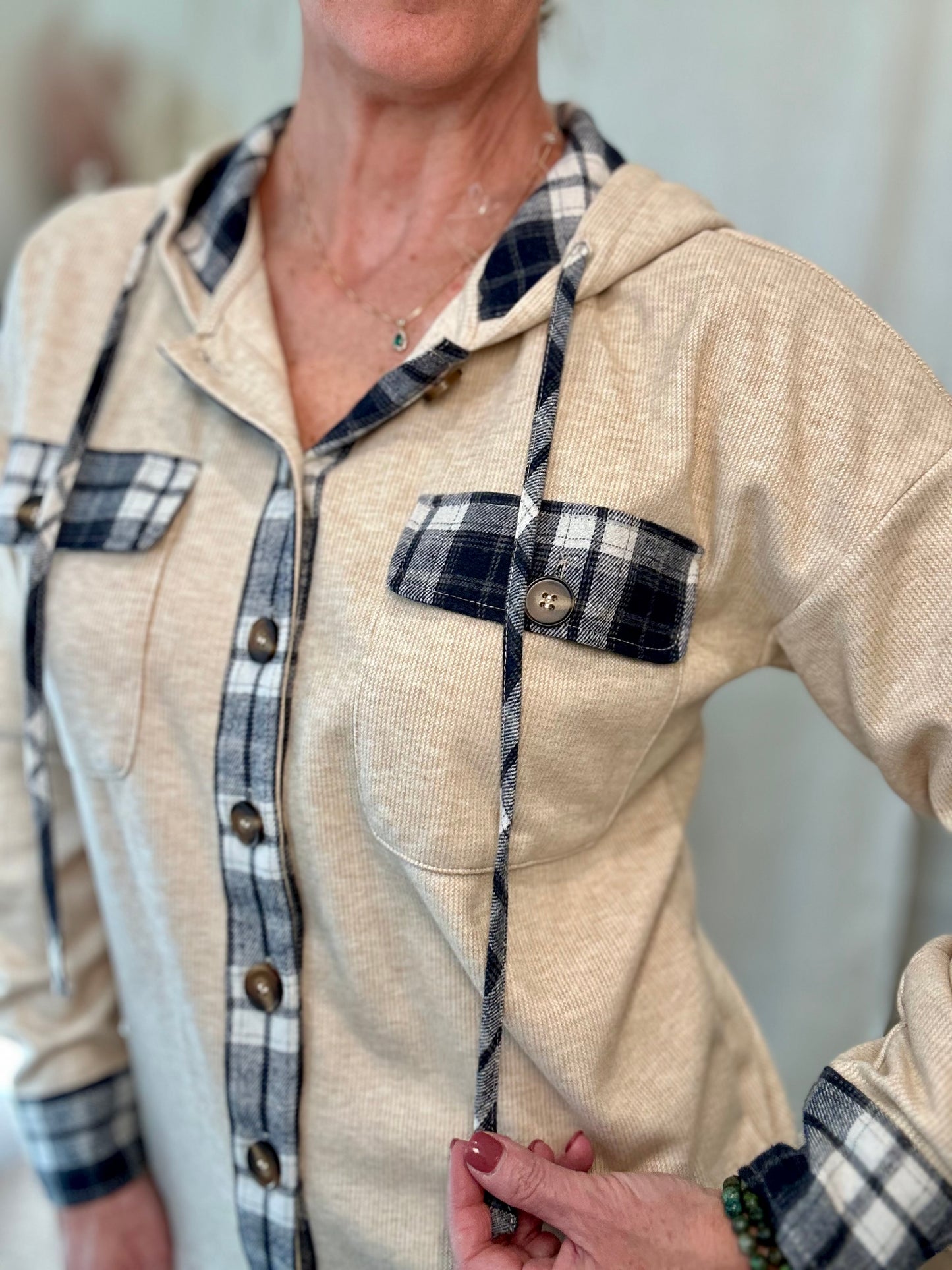 Taupe Plaid Hooded Jacket