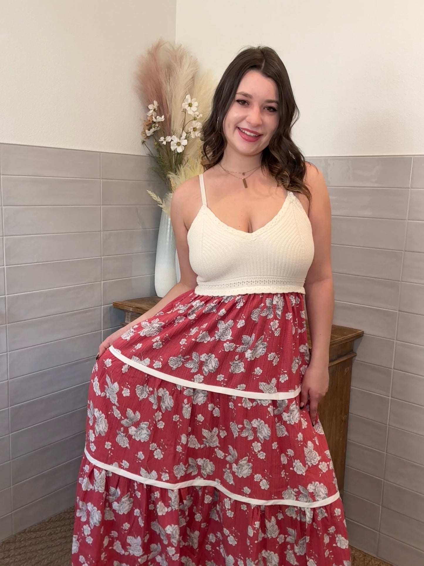 Ivory and Floral Midi Dress
