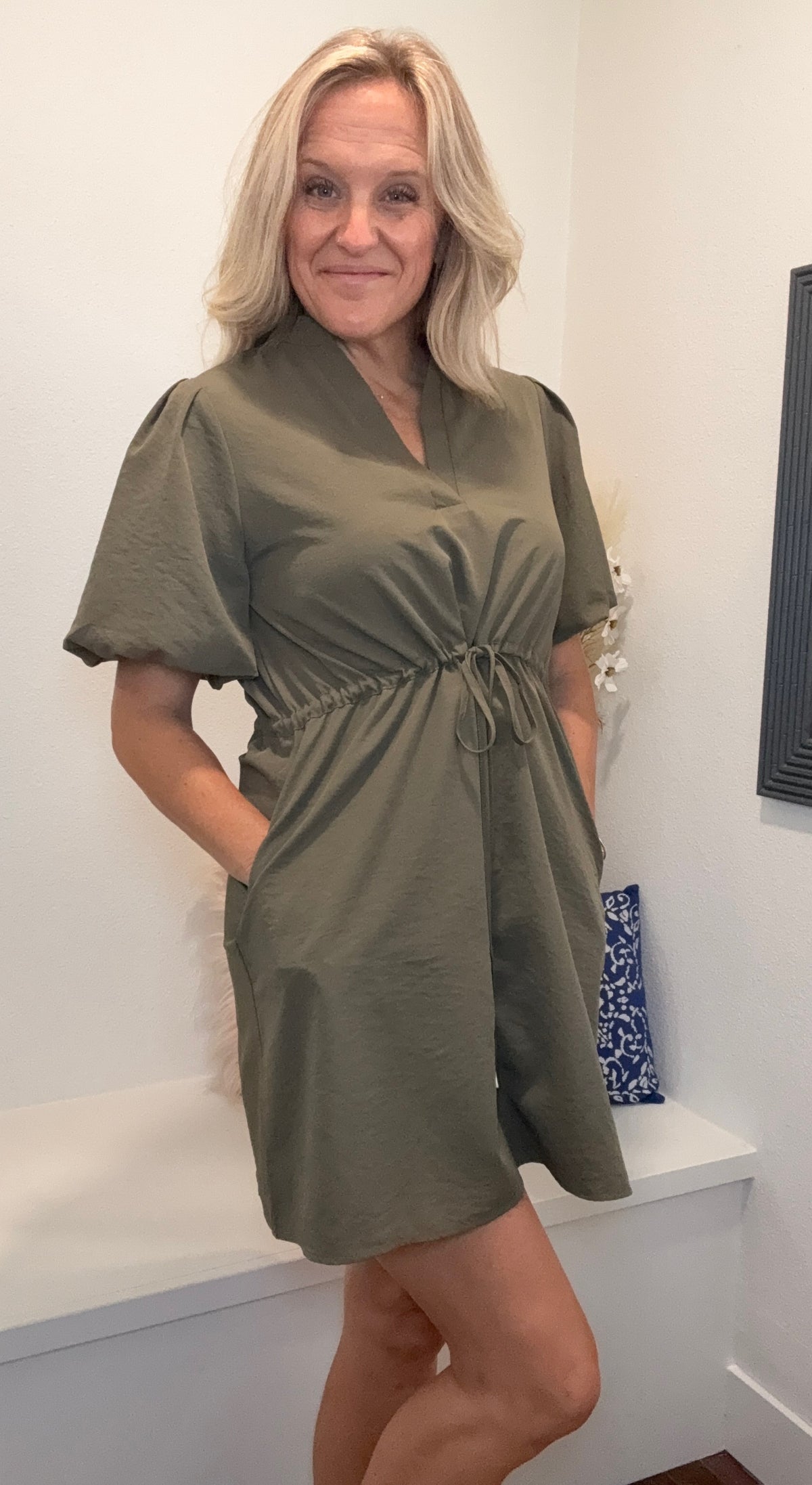 Deep Olive Cinched Waist Mini Dress