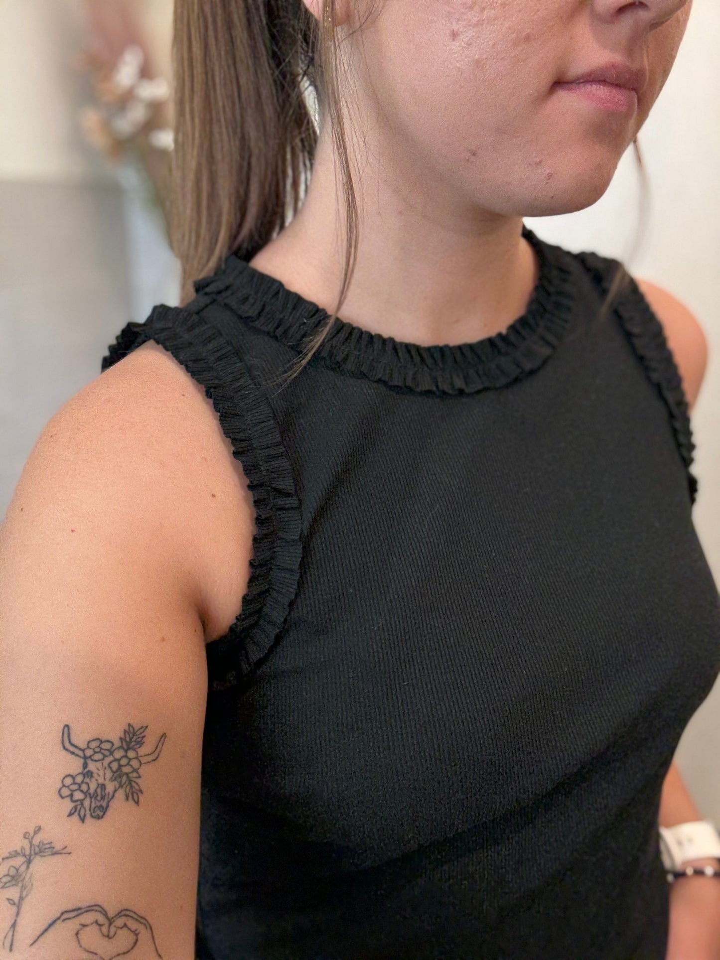 Solid Knit Ruffle Trim Tank - Black