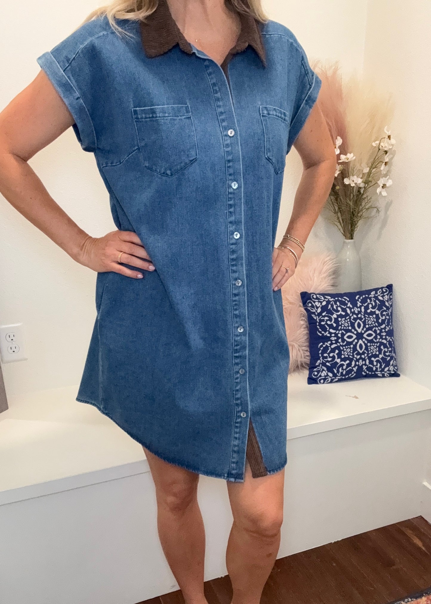 Contrast Collar Denim Dress