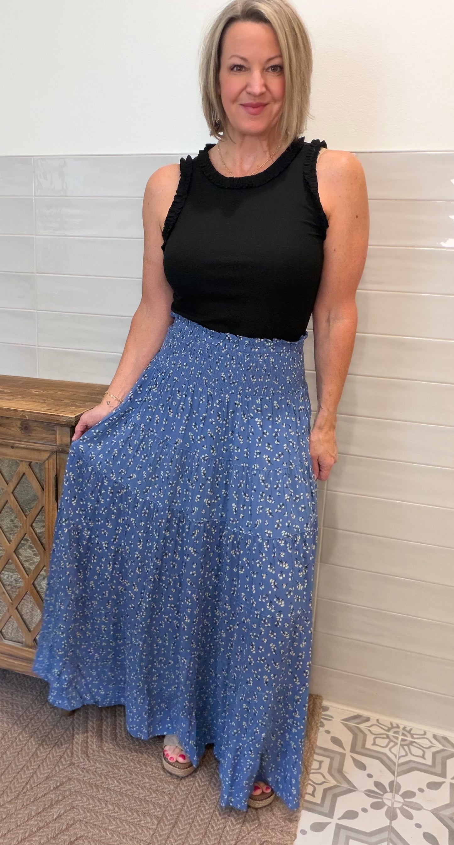 Blue Smocked Waist Maxi Skirt