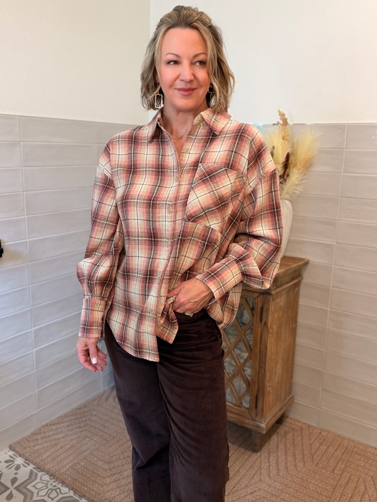 Pink and Brown Flannel Top