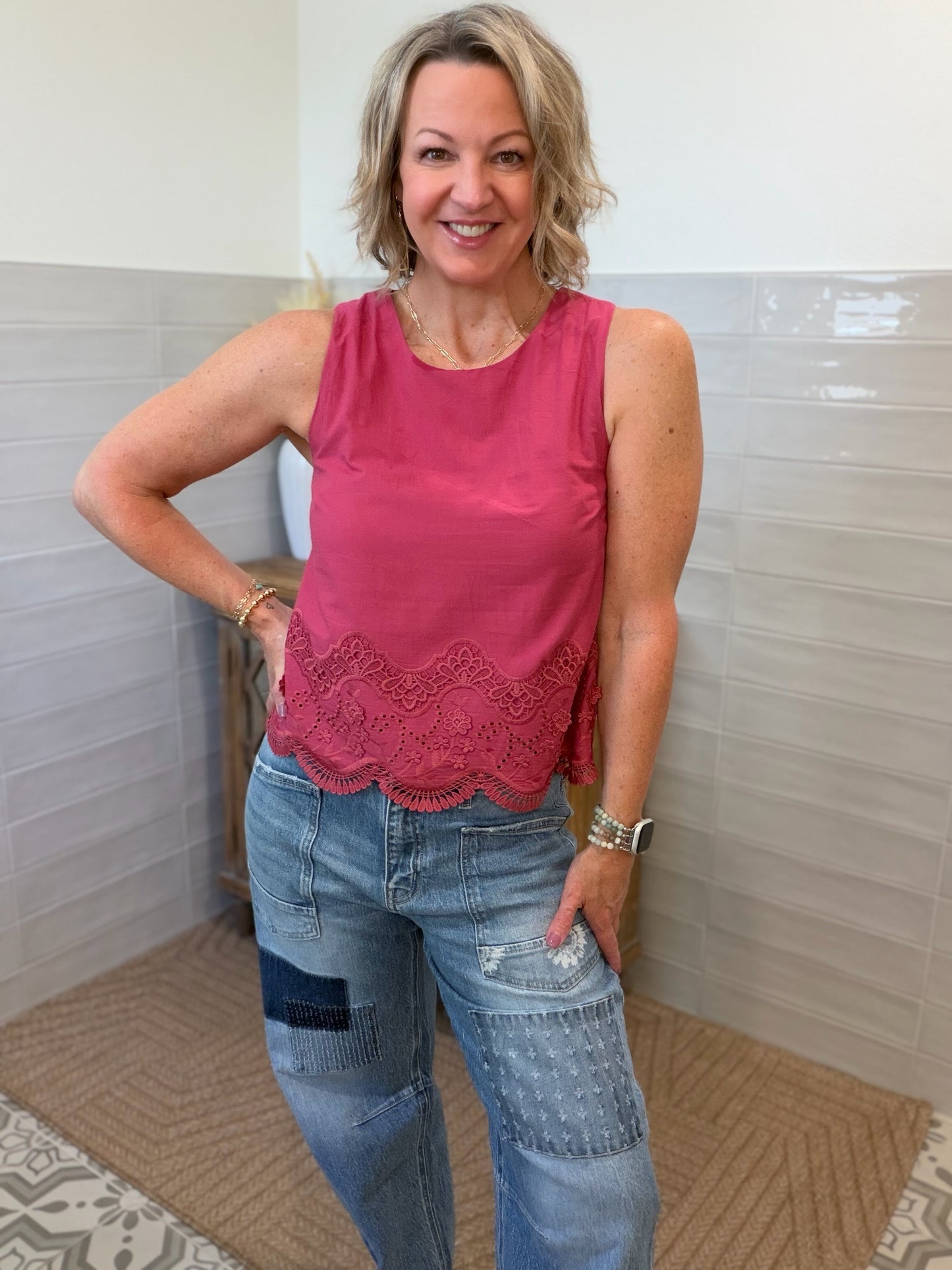 Embroidered Scallop Hem Tank