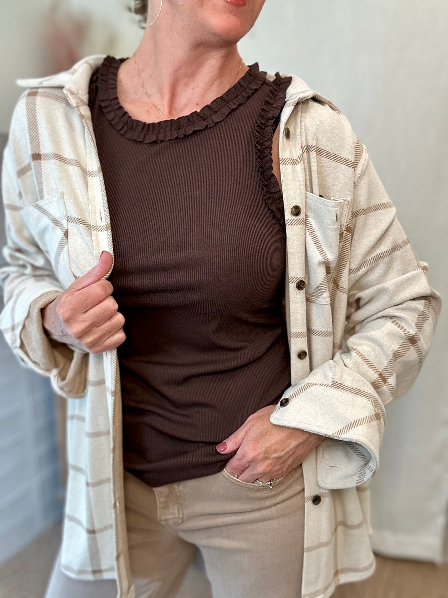 Solid Knit Ruffle Trim Tank - Espresso