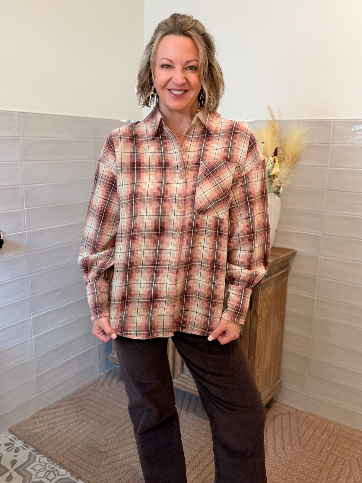Pink and Brown Flannel Top