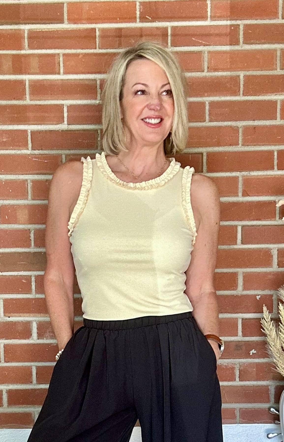 Solid Knit Ruffle Trim Tank - Yellow