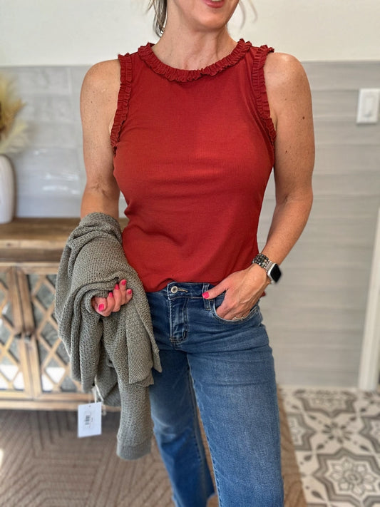Solid Knit Ruffle Trim Tank - Burnt Sienna