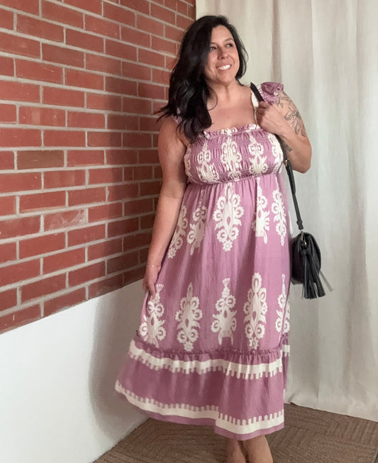 Boho Embroidered Midi Dress - Mauve
