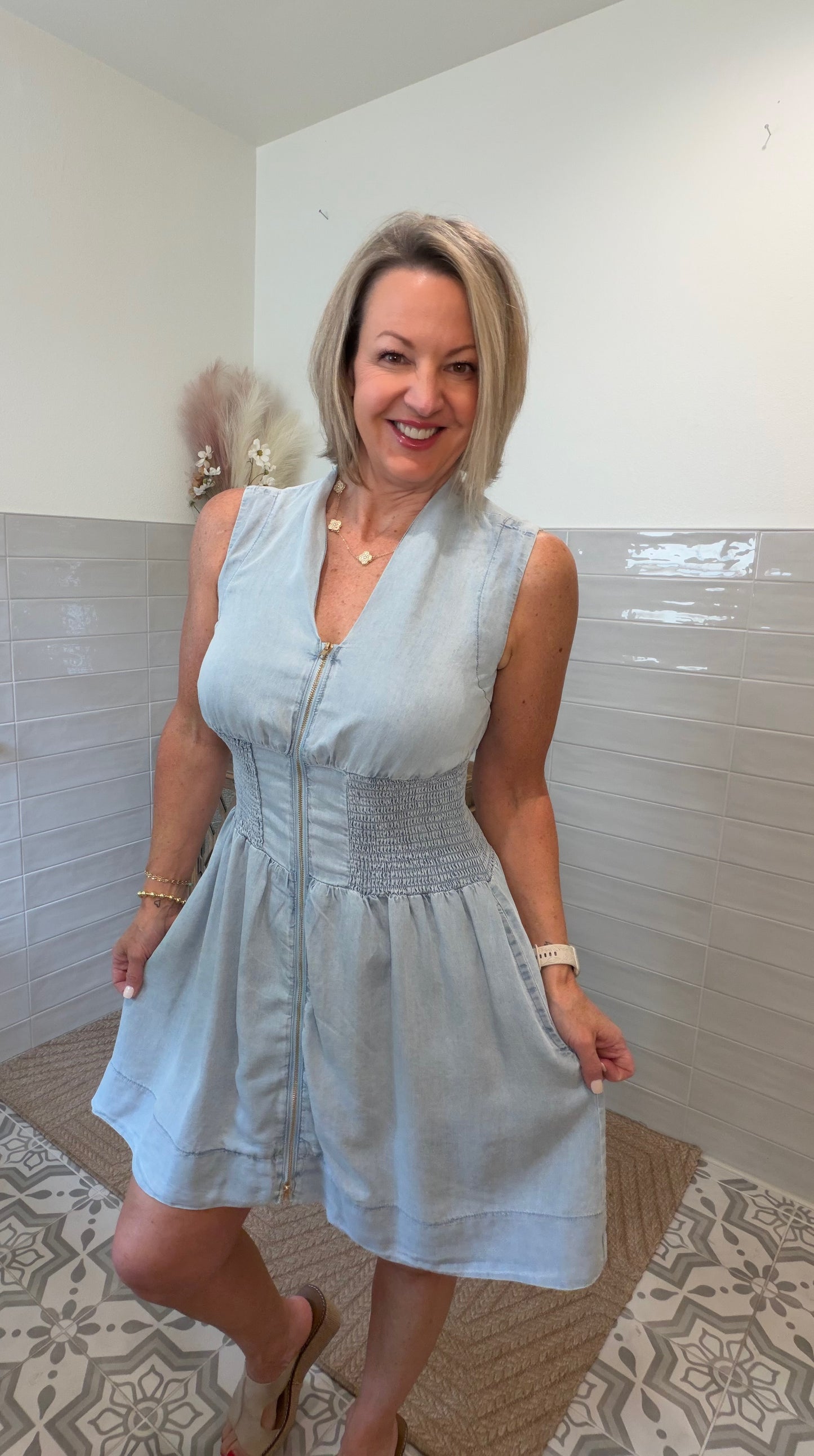 Chambray Zip Front Mini Dress