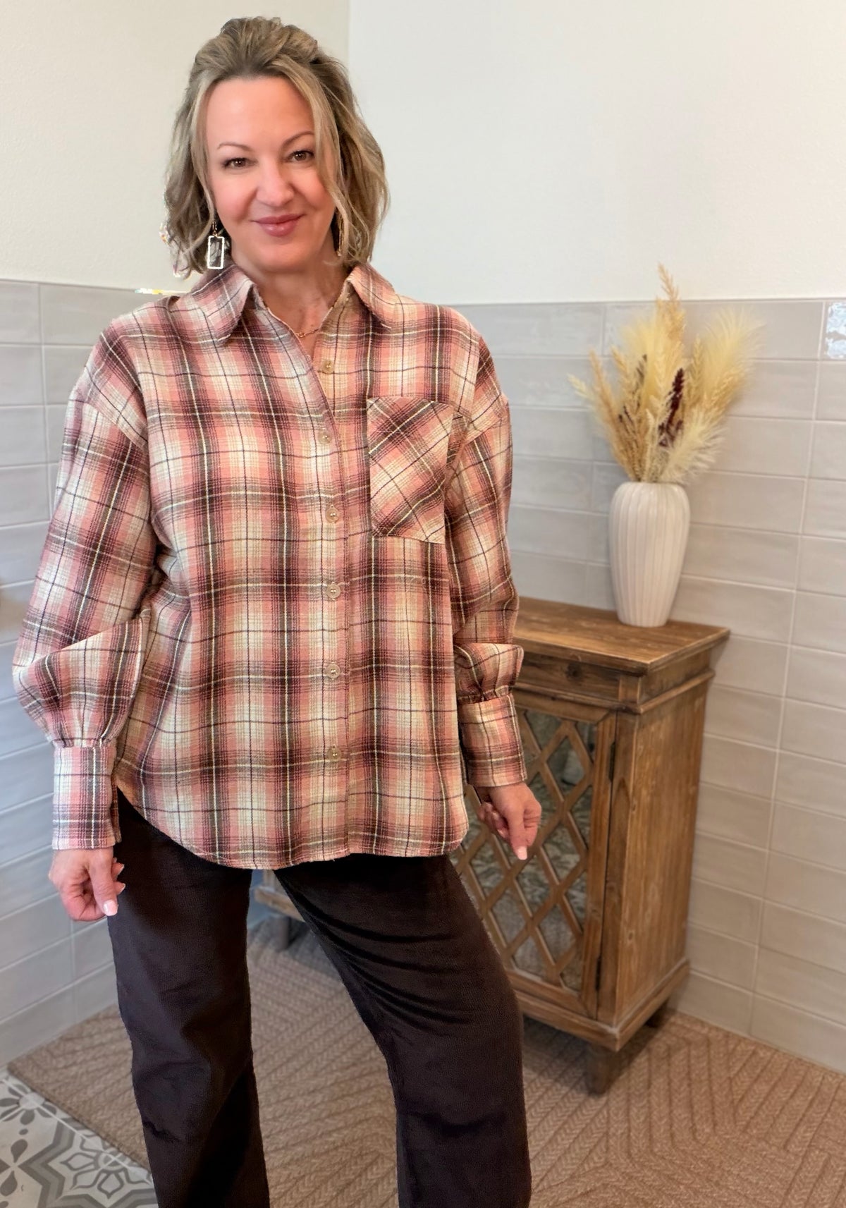 Pink and Brown Flannel Top