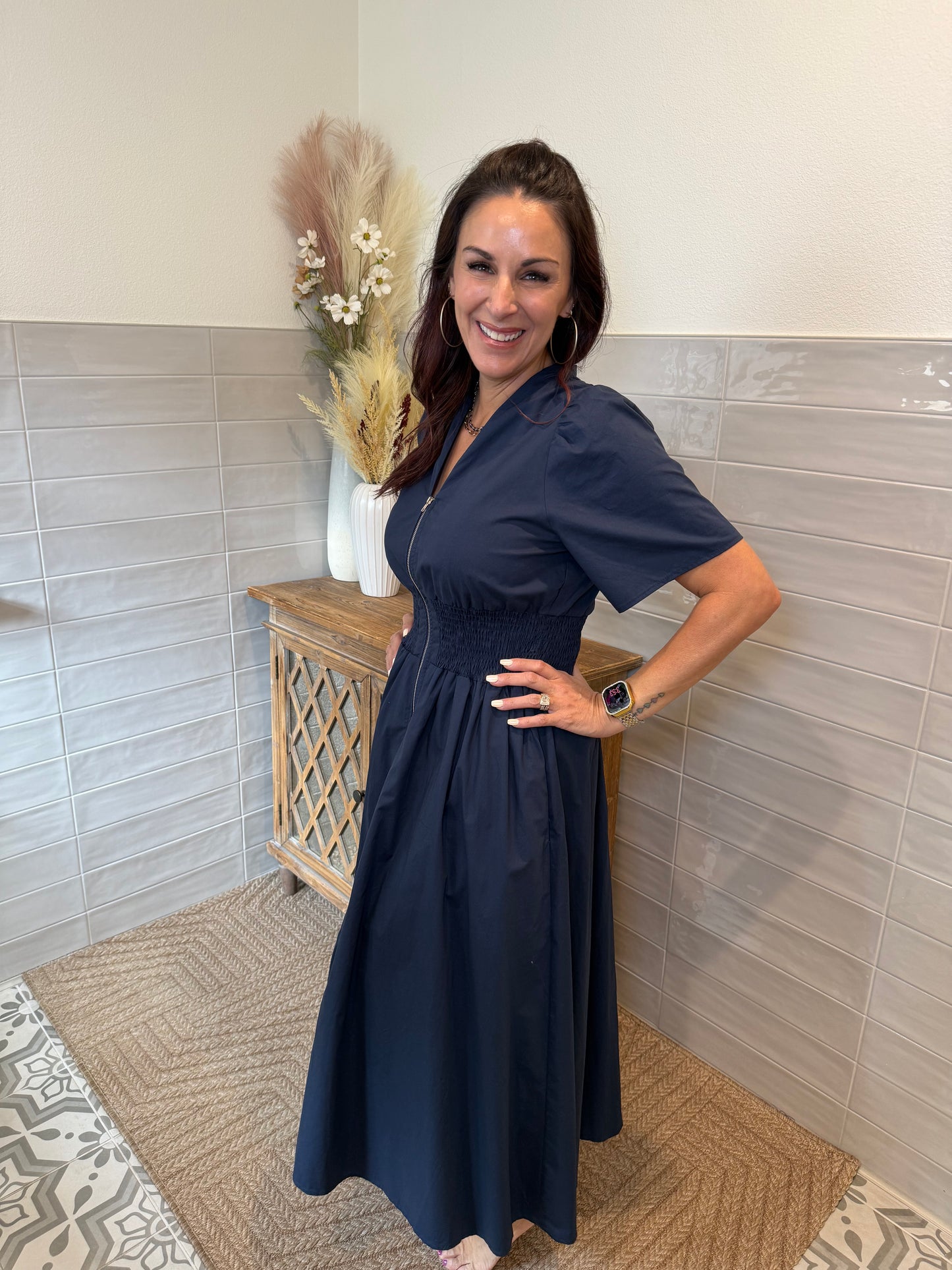 Navy Zip Midi Dress
