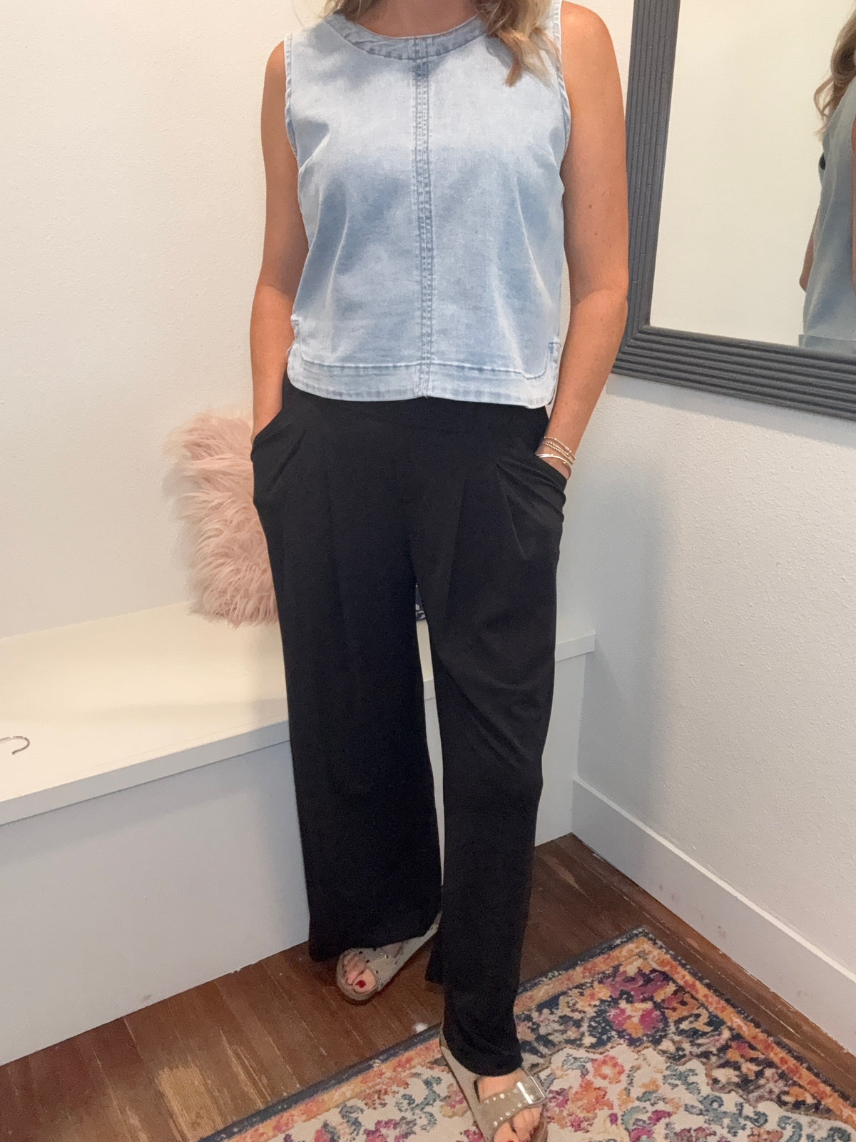 Black Chambray Wide Leg Crop Pants