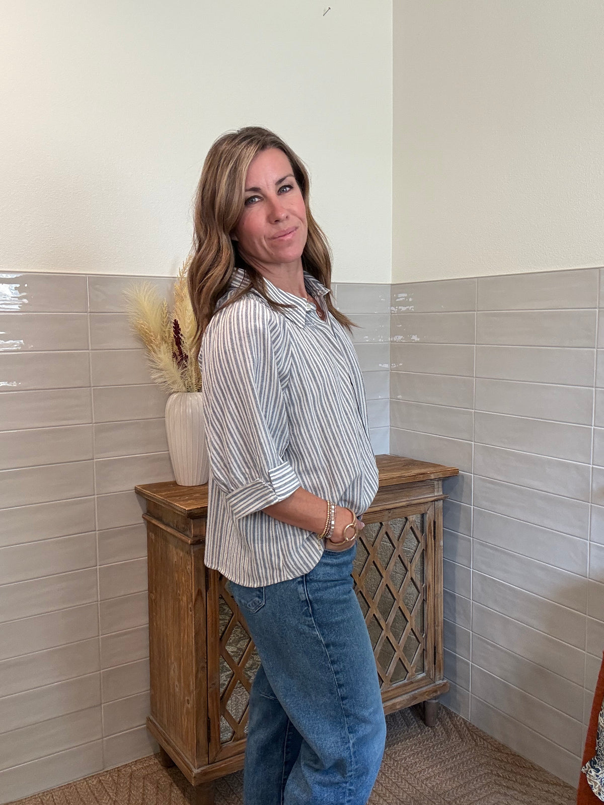 Striped Rolled Sleeve Collared Button Down Shirt