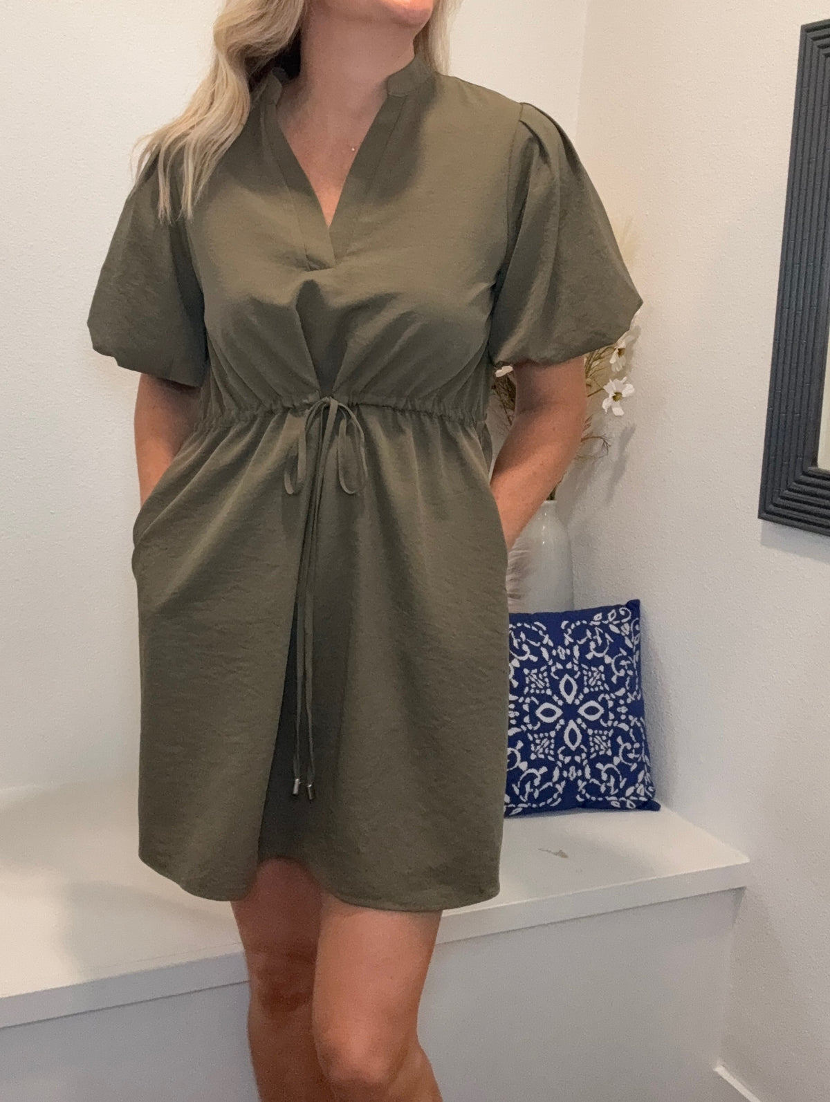 Deep Olive Cinched Waist Mini Dress