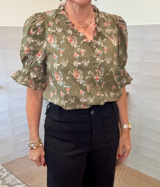 Olive Ruffle Blouse