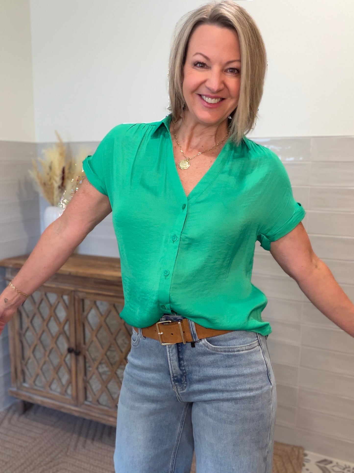 Short Sleeve Blouse - Green