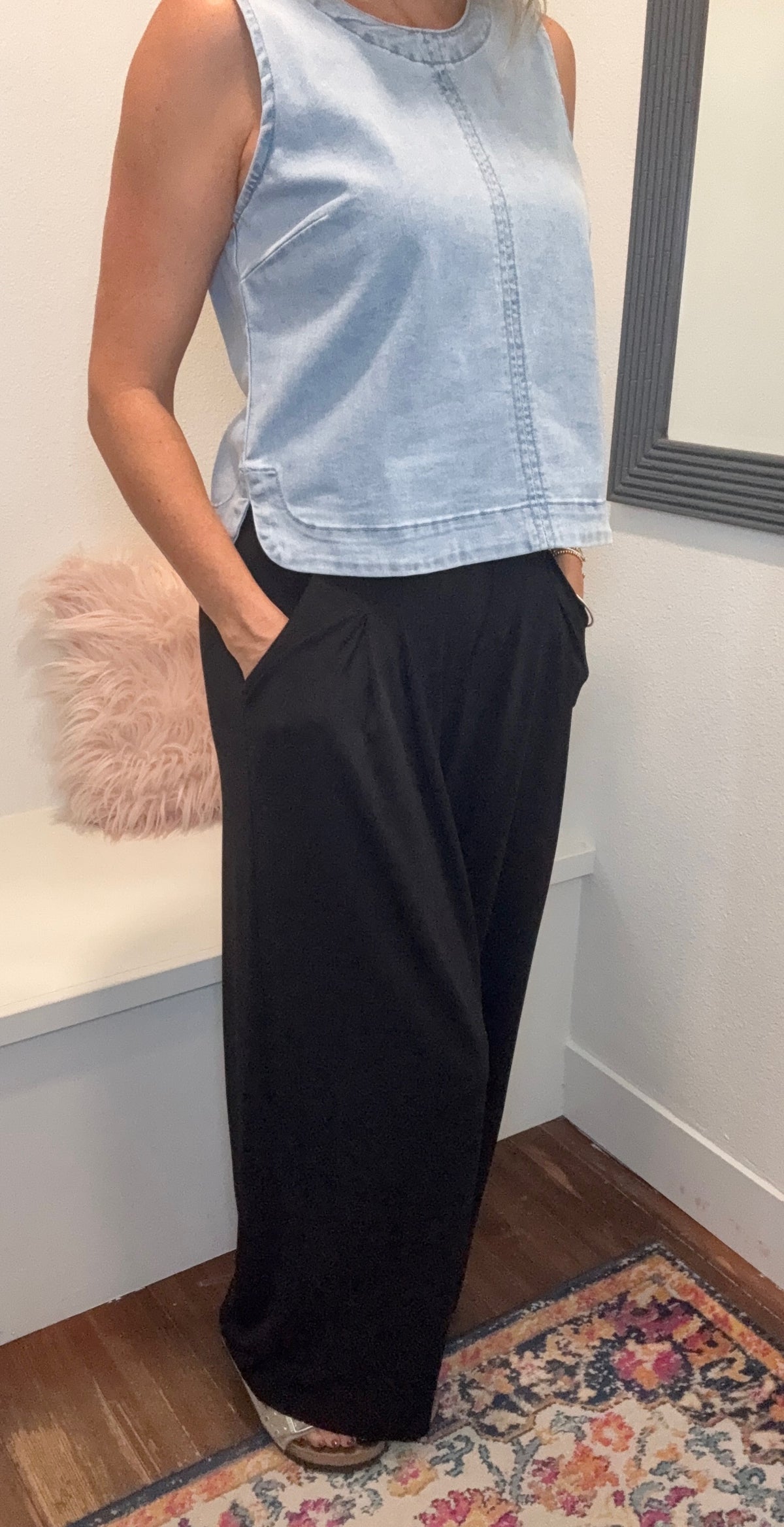Black Chambray Wide Leg Crop Pants