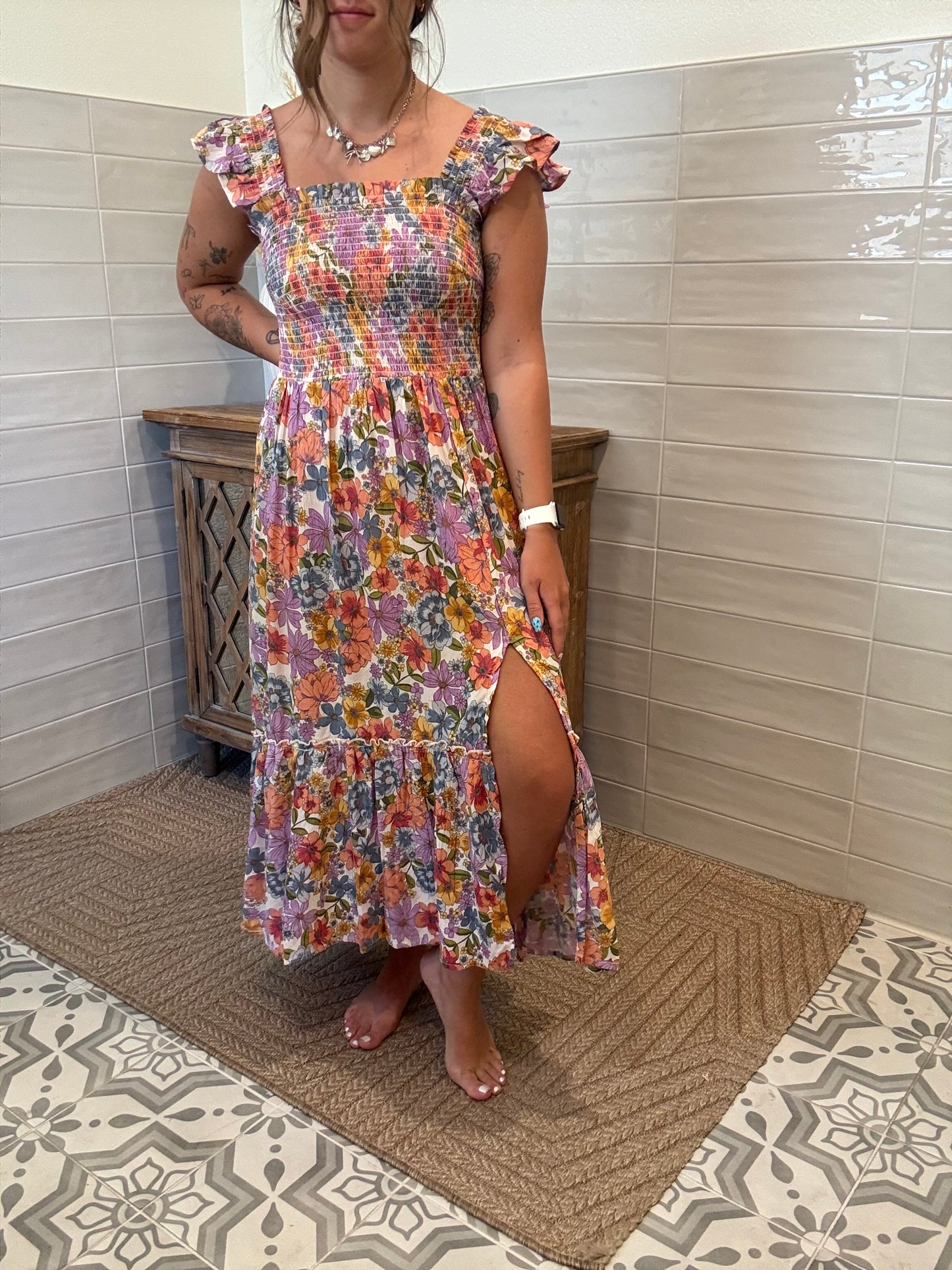Smocked Floral Flutter Dress