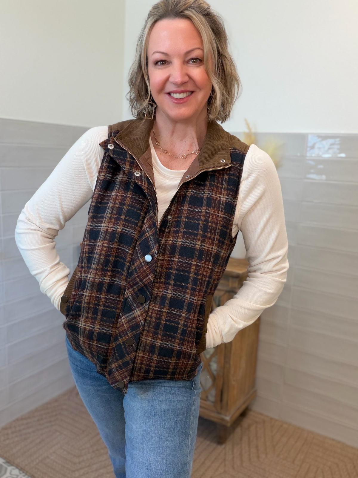 Navy Plaid Puffer Vest