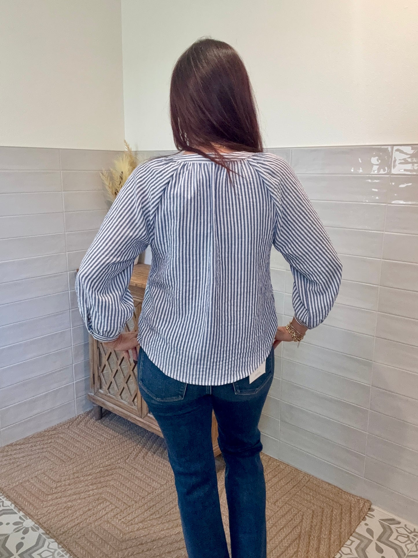 Navy Striped Button Blouse