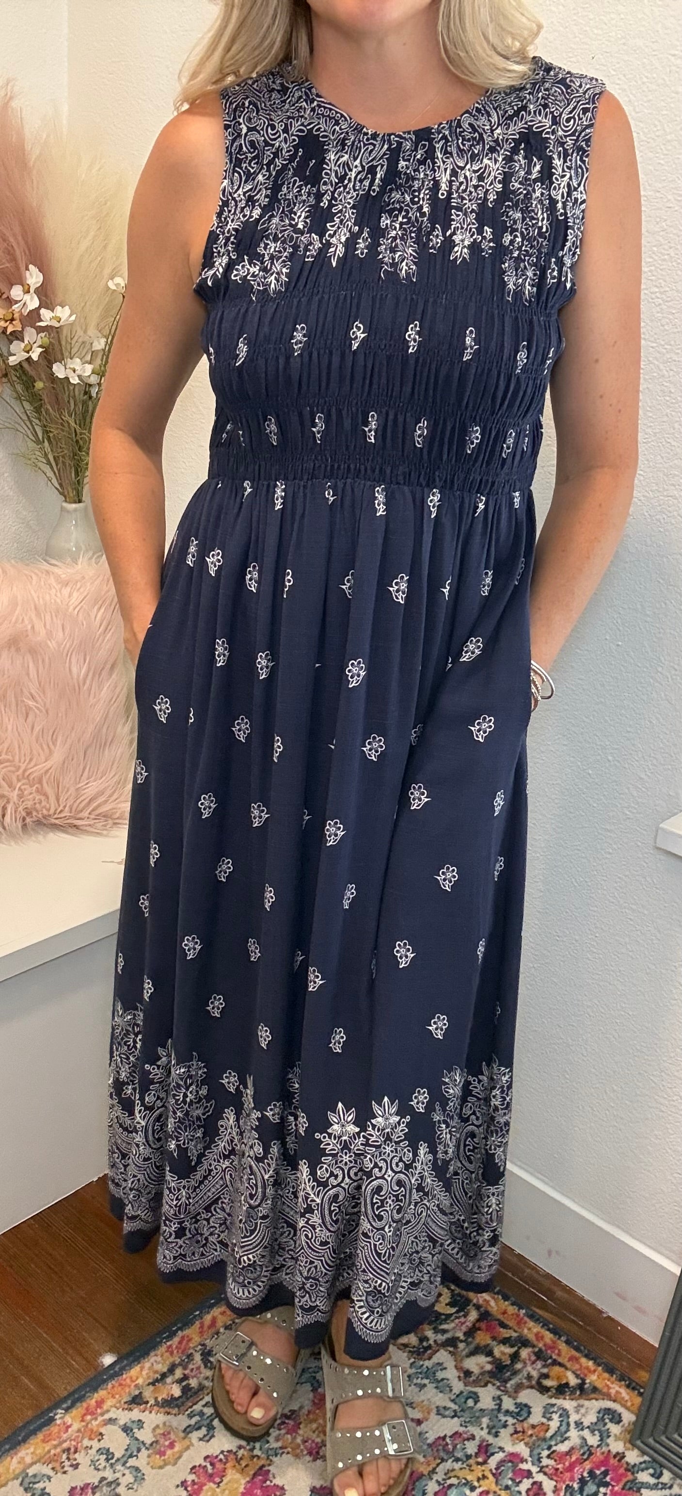 Linen Border Smocked Midi Dress