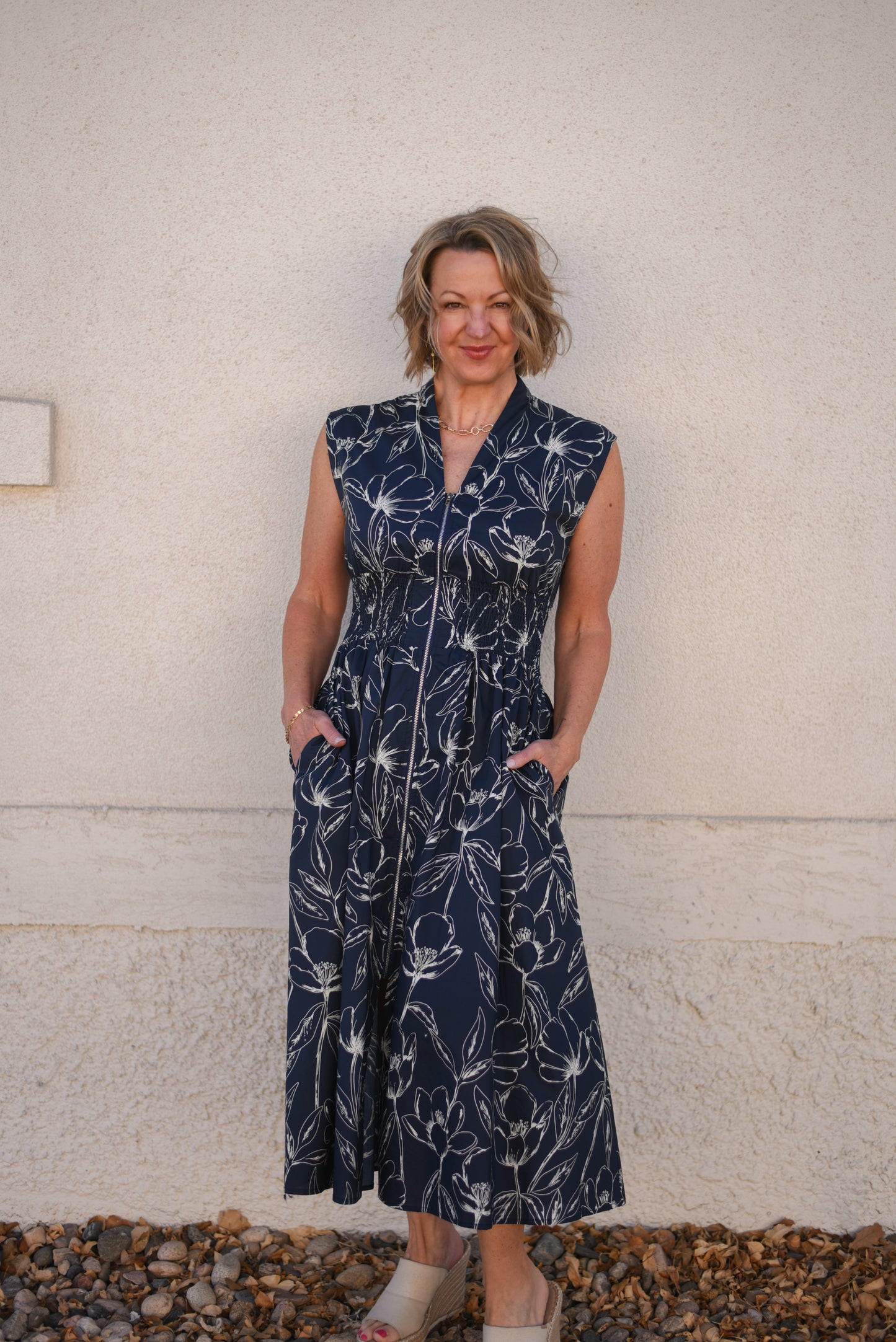 Navy Floral Zipper Dress