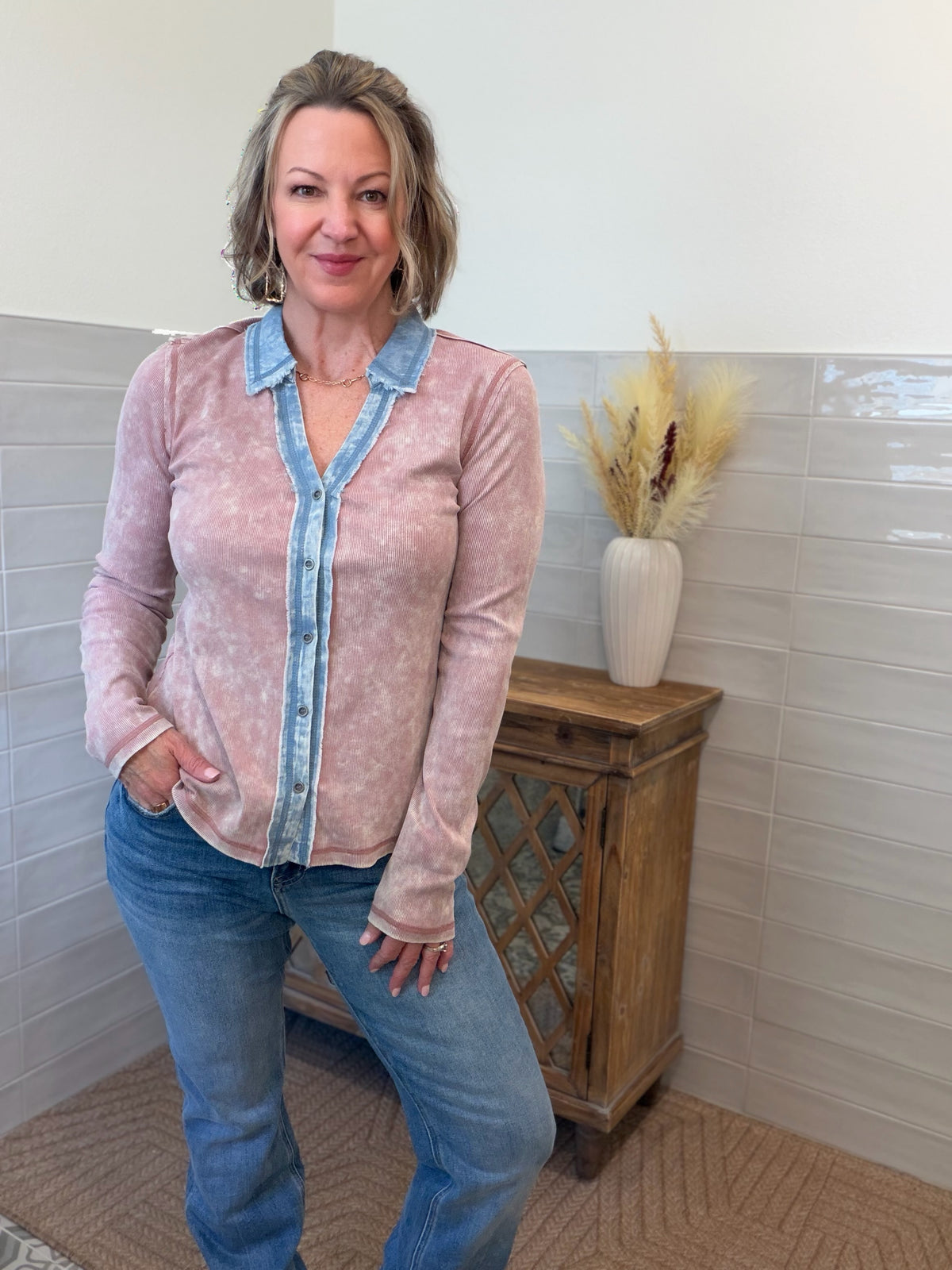 Washed Thermal Button Down Top