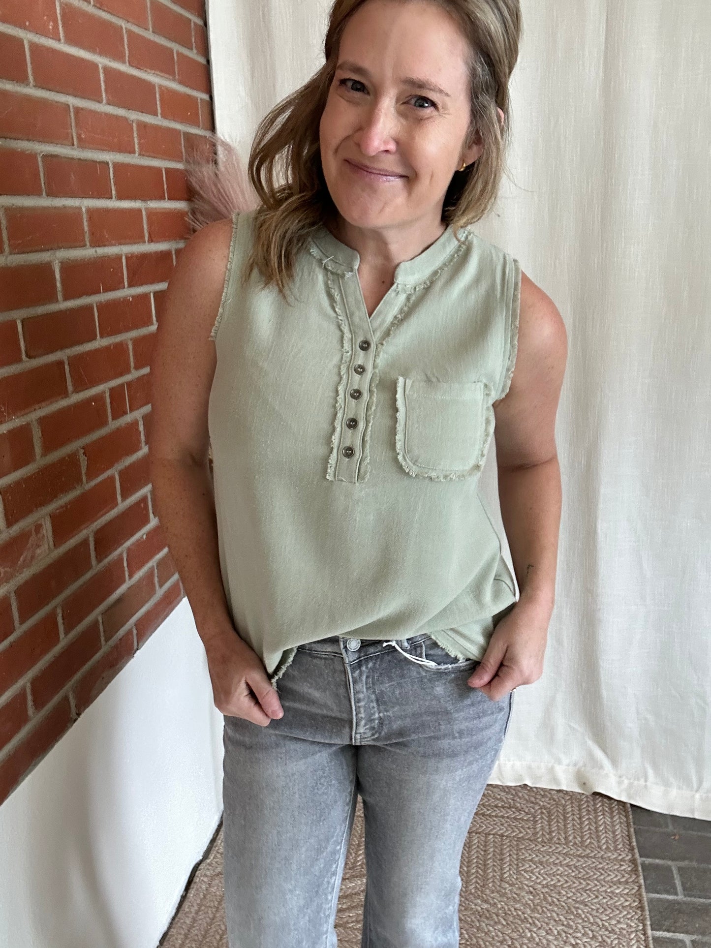 Linen Blend Frayed Sleeveless Top