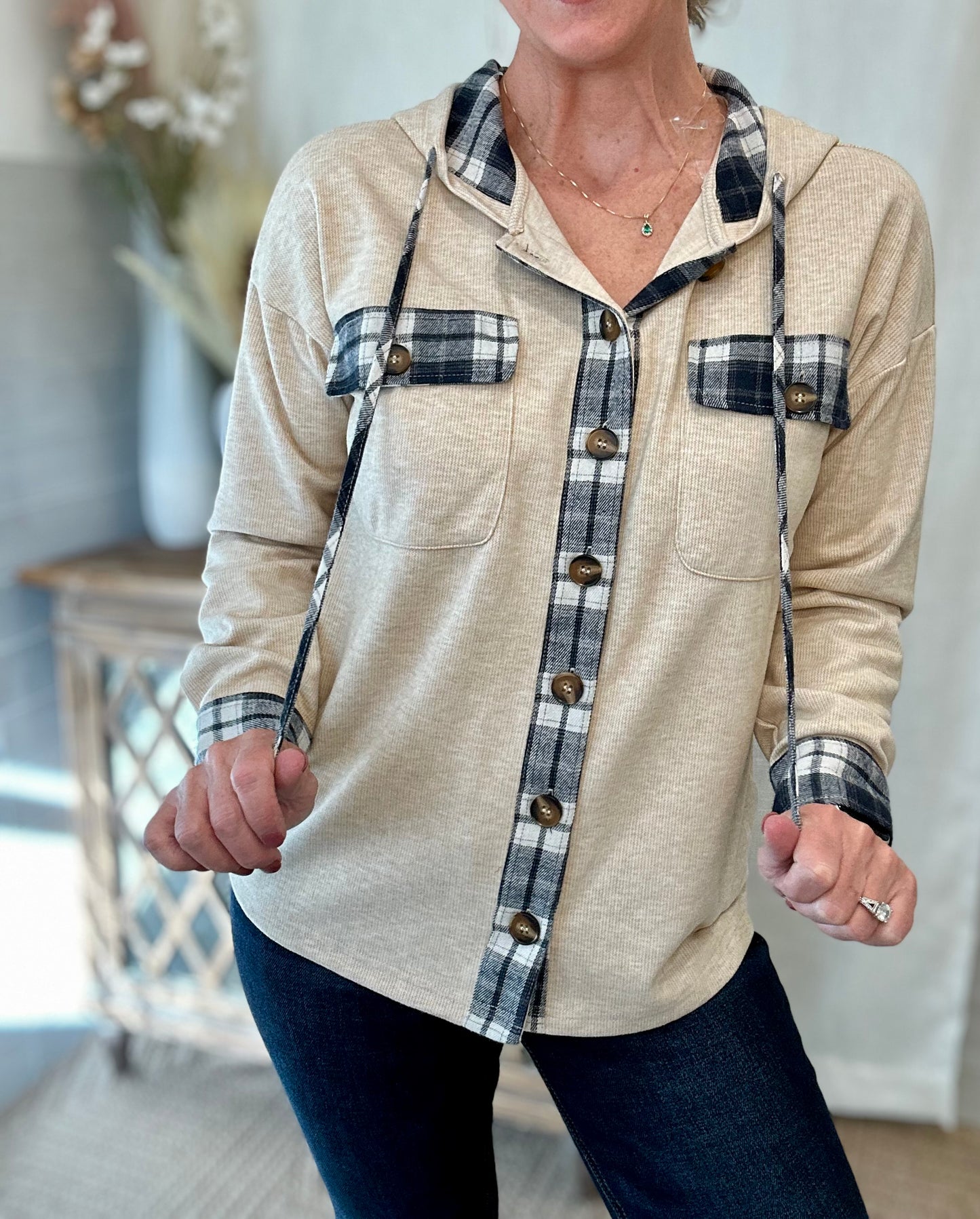 Taupe Plaid Hooded Jacket