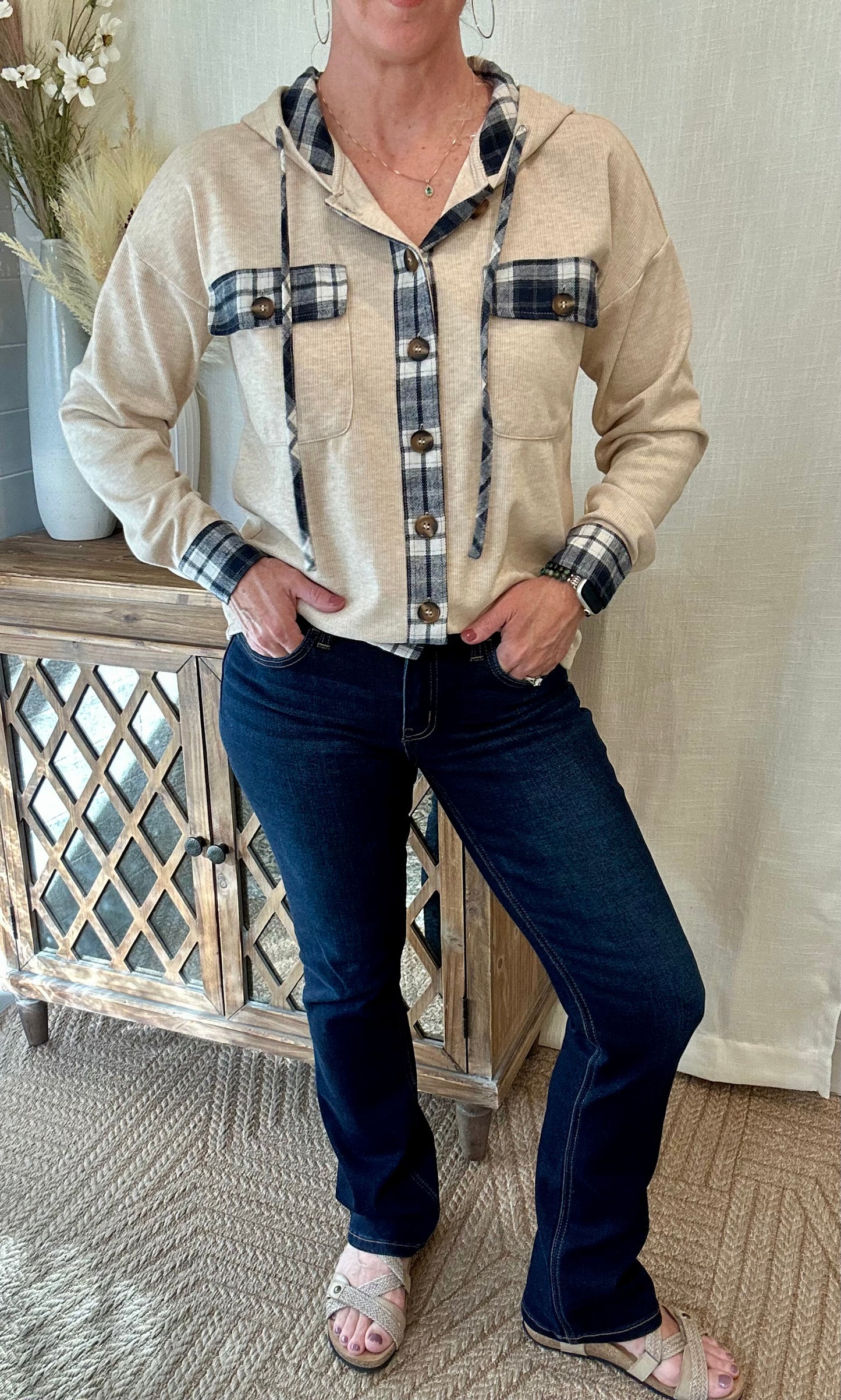 Taupe Plaid Hooded Jacket