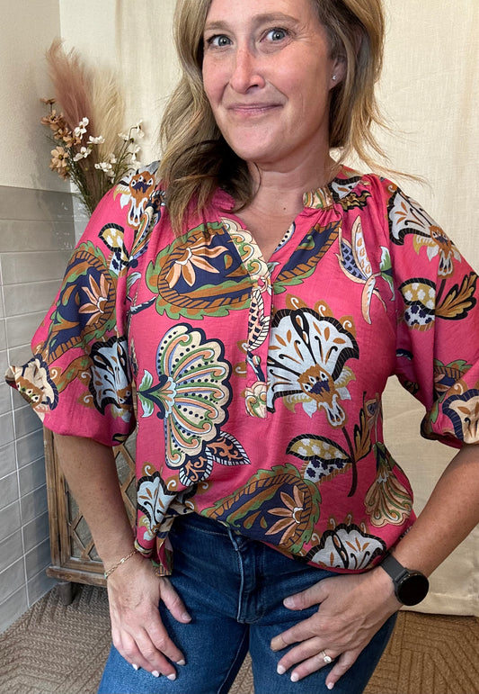 Boho Paisley Puff Sleeve Blouse - Pink
