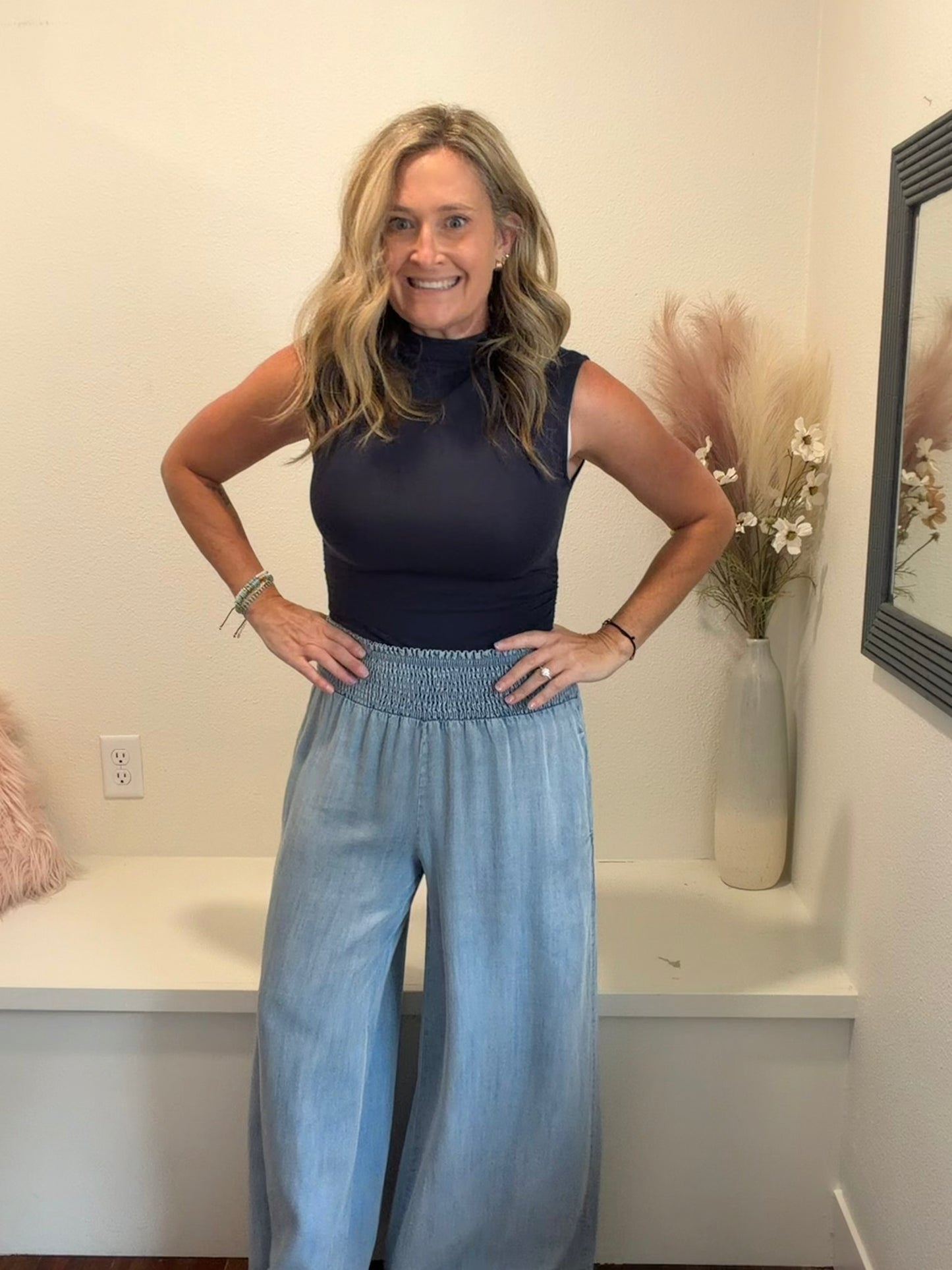 Washed Chambray Wide Leg Pants