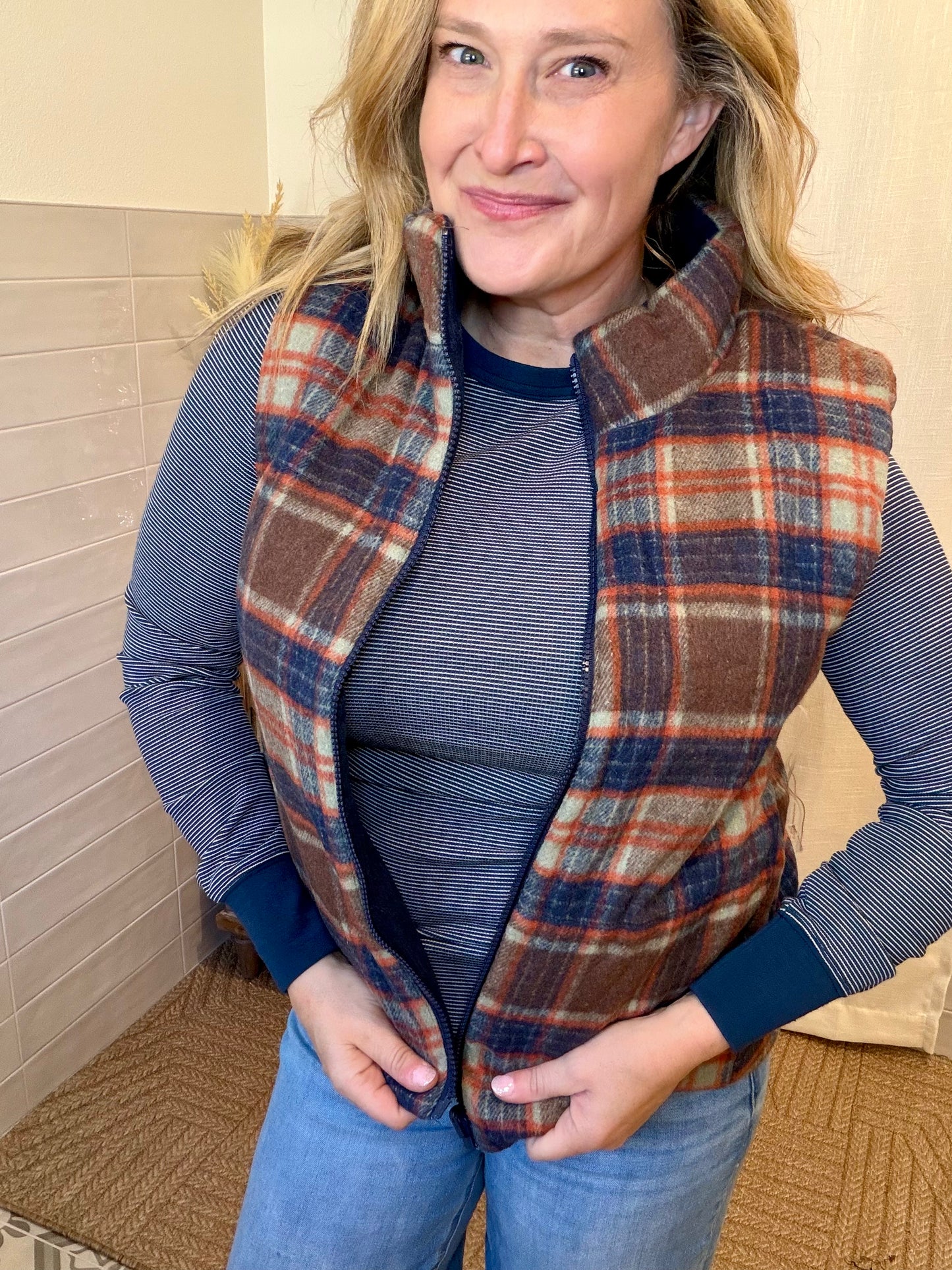 Navy Plaid Puffer Vest - Reversable