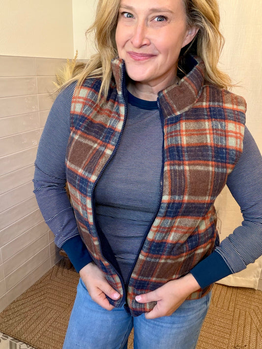 Navy Plaid Puffer Vest - Reversable