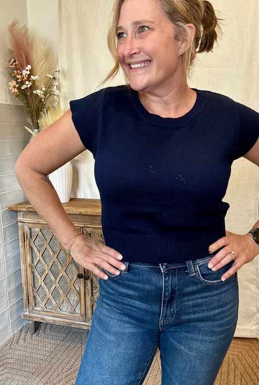 Navy Cap Sleeve Knit Top