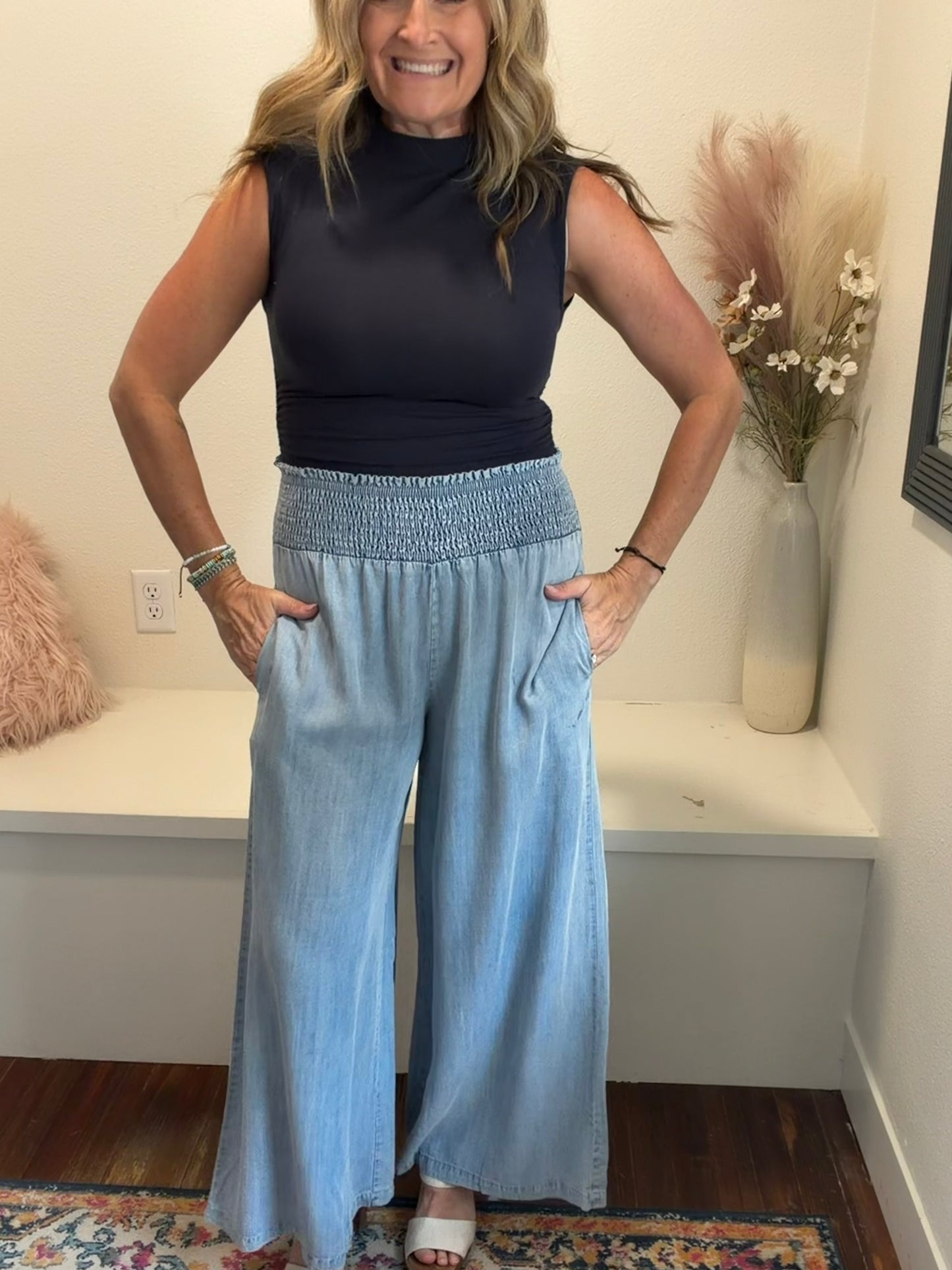 Washed Chambray Wide Leg Pants