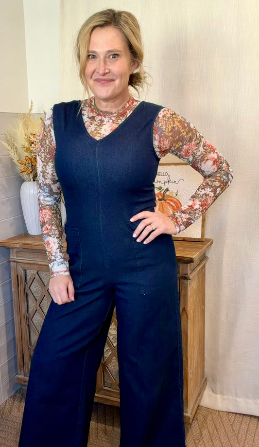 Denim Sleeveless V-Neck Jumpsuit