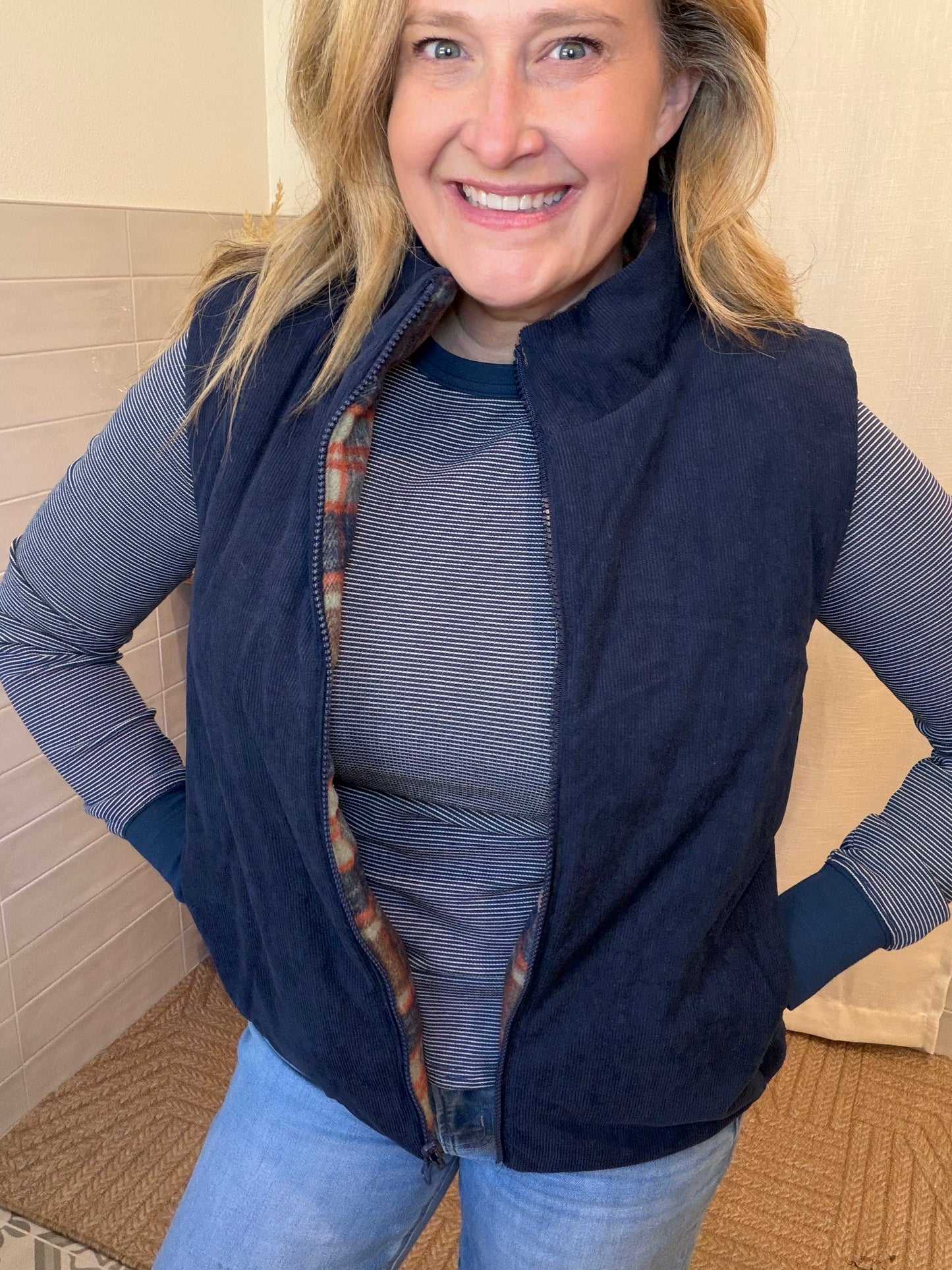 Navy Plaid Puffer Vest - Reversable