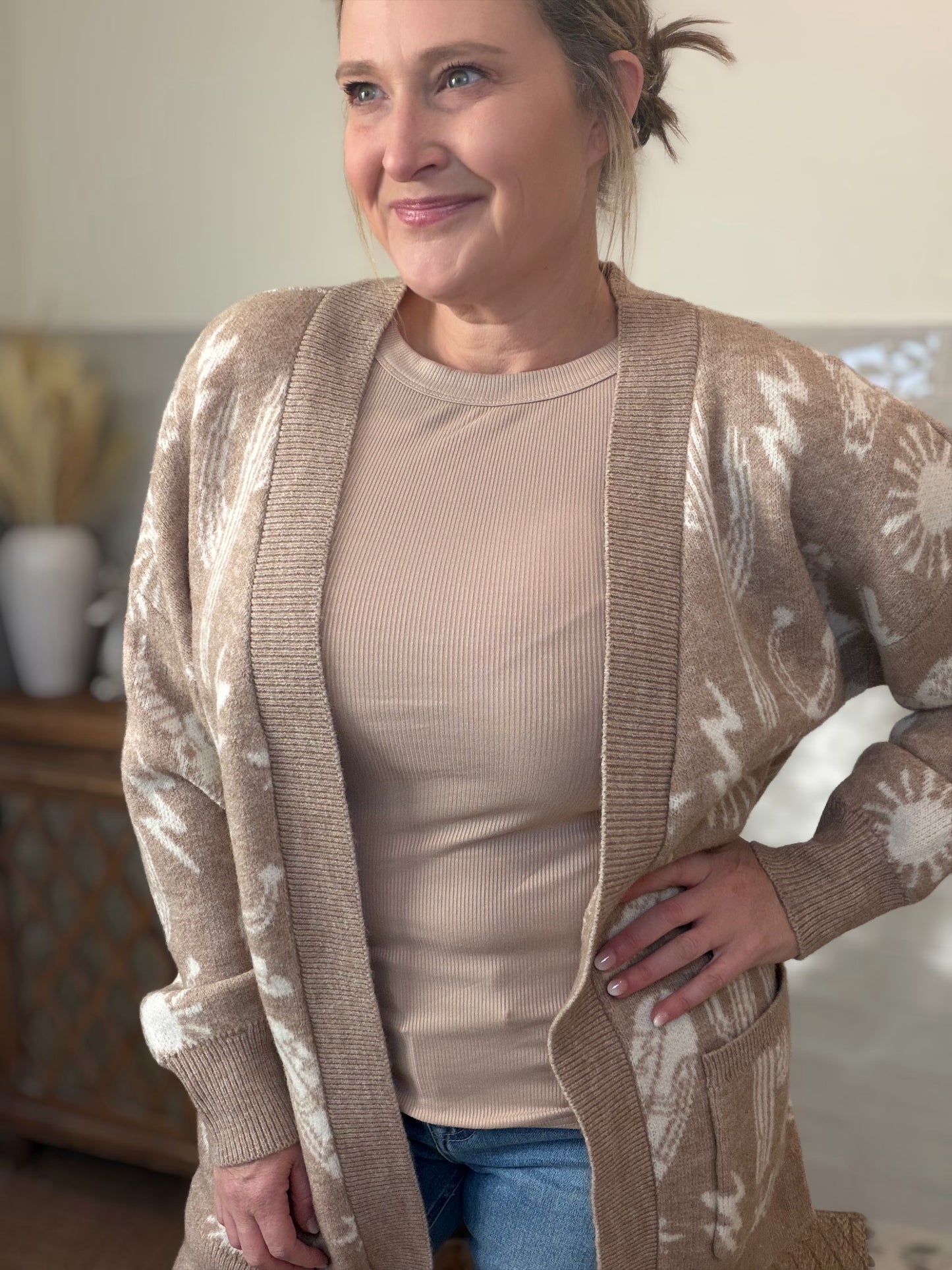 Oversized Western Graphic Knit Sweater Cardigan