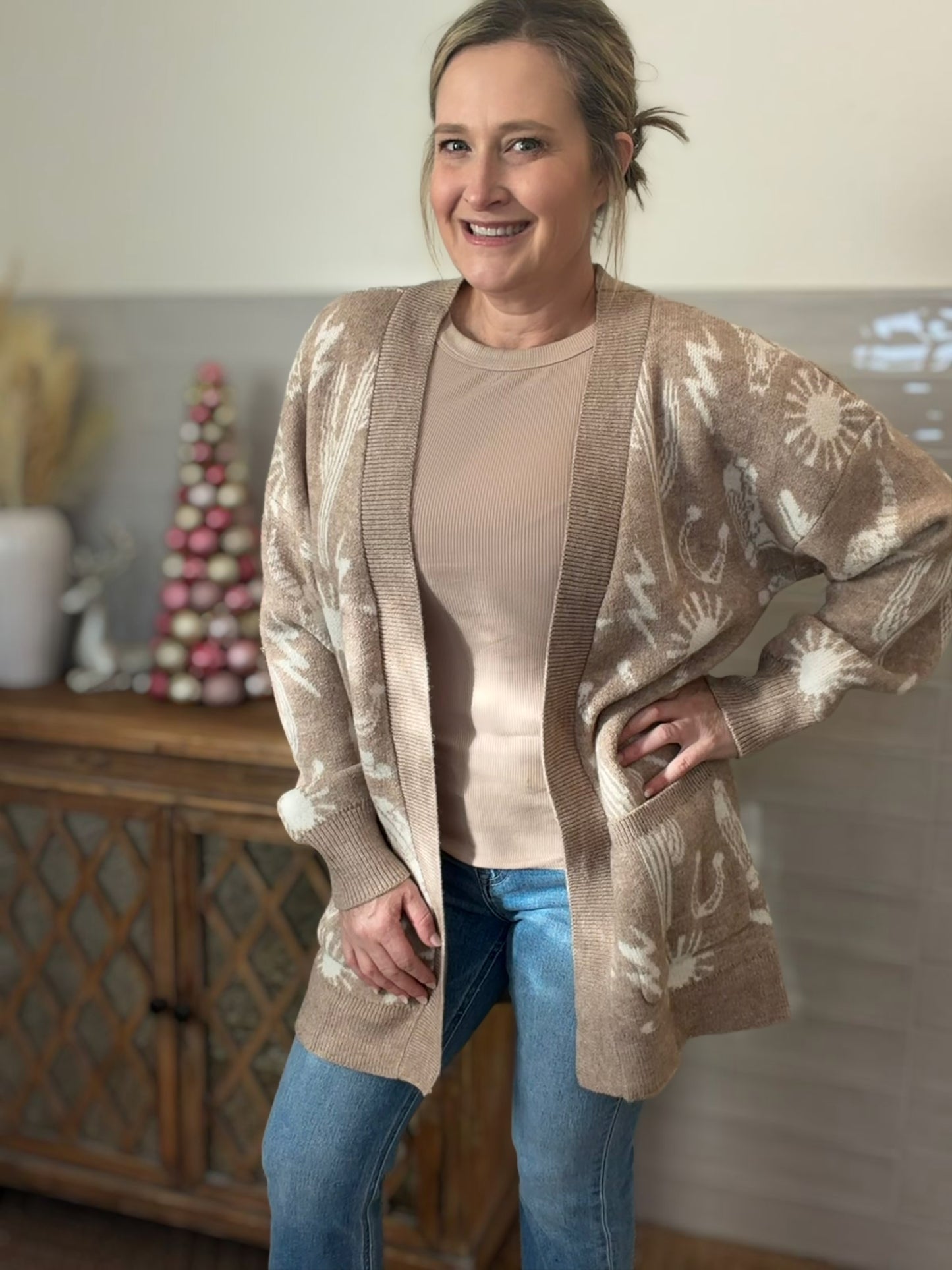 Oversized Western Graphic Knit Sweater Cardigan