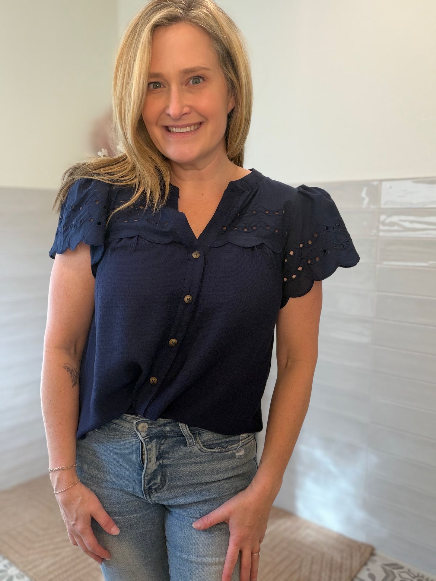 Navy Eyelet Blouse