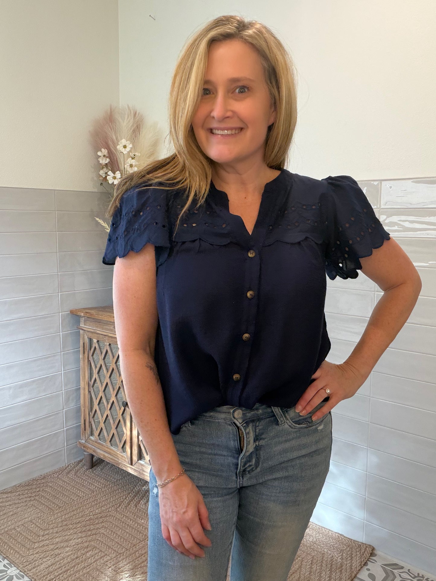 Navy Eyelet Blouse
