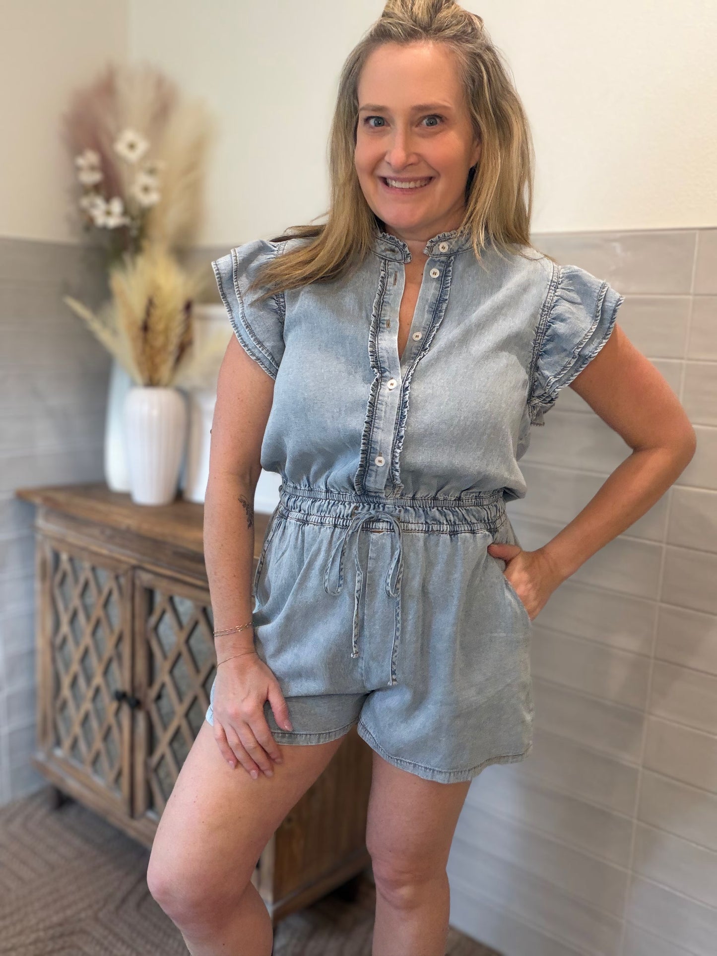 Ruffled Denim Romper