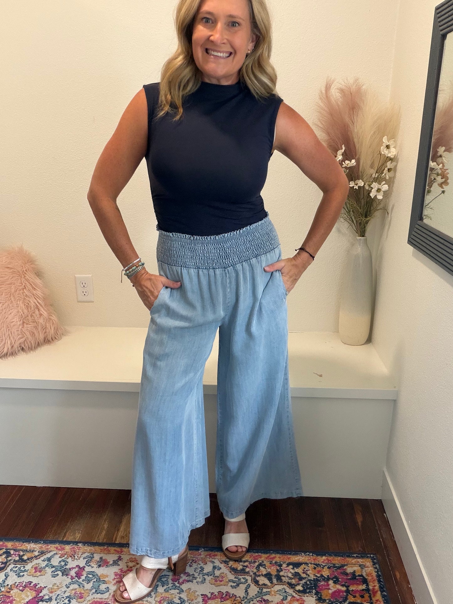 Washed Chambray Wide Leg Pants
