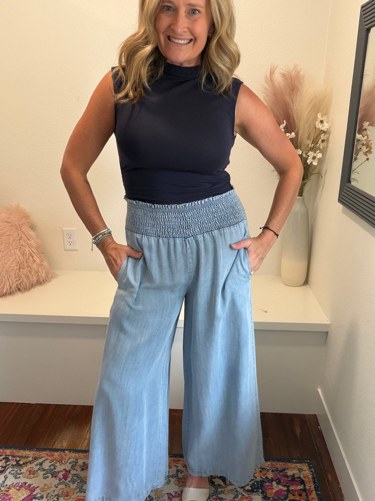 Washed Chambray Wide Leg Pants