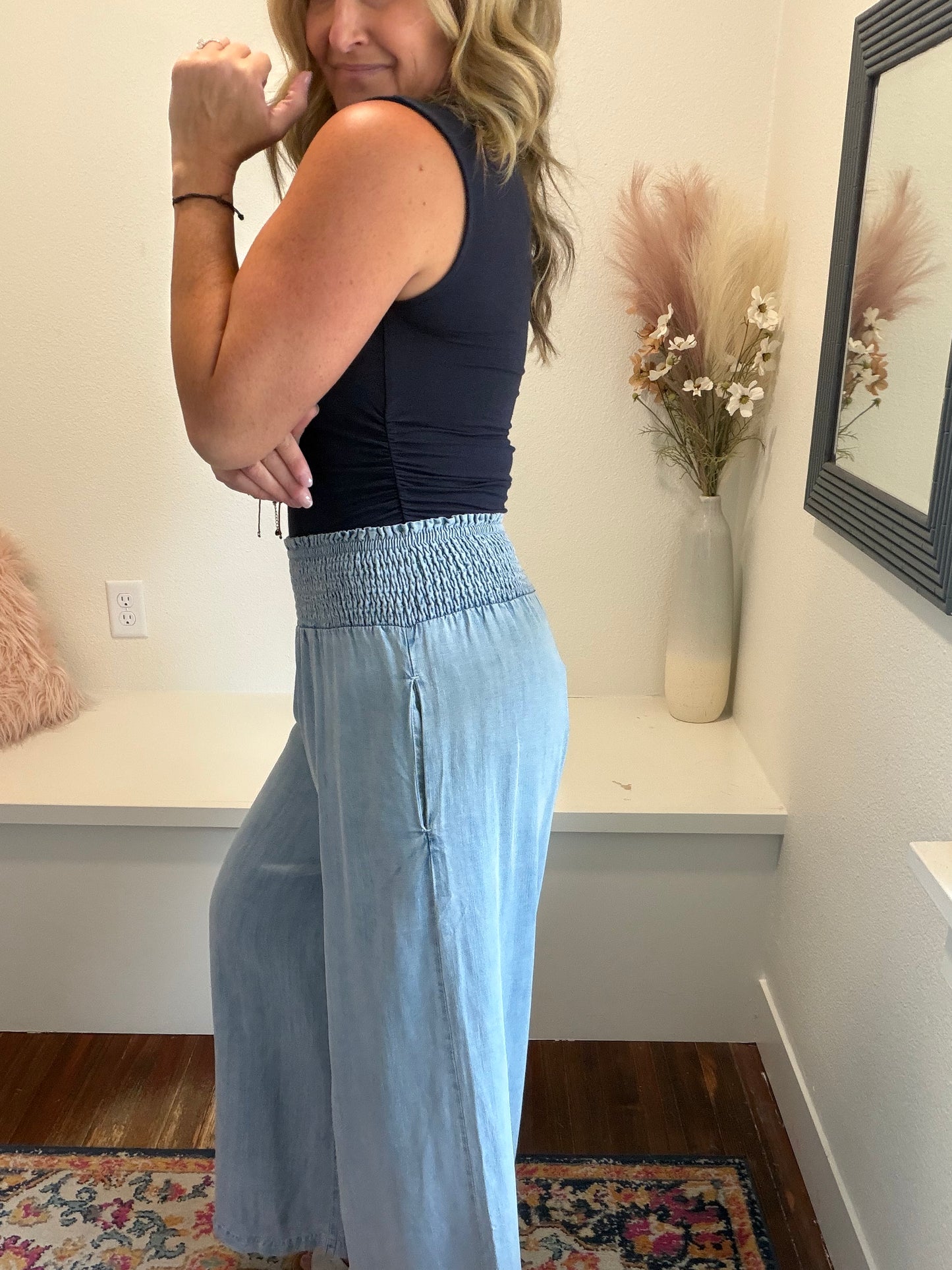 Washed Chambray Wide Leg Pants